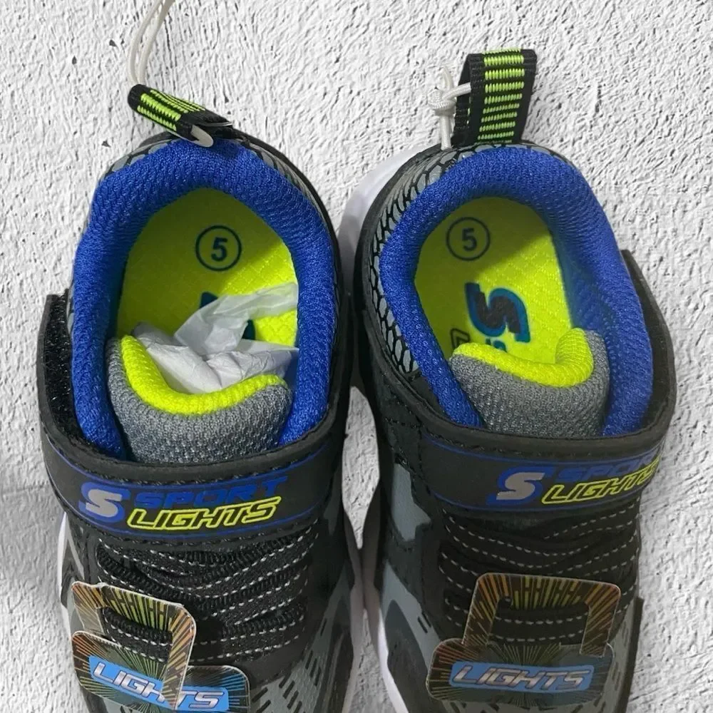 SKECHERS Sneakers S Lites NEW Light Up No tie Straps Black Blue Infant Size 5